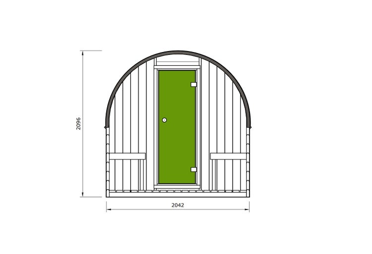 Frontale technische Zeichnung einer Fasssauna aus Holz mit Maßen: Höhe 2096 Millimeter, Breite 2042 Millimeter.