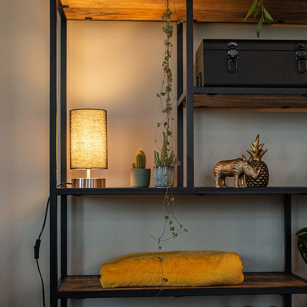 Regal mit Dekorationselementen wie Lampe, Pflanzen und Figuren.