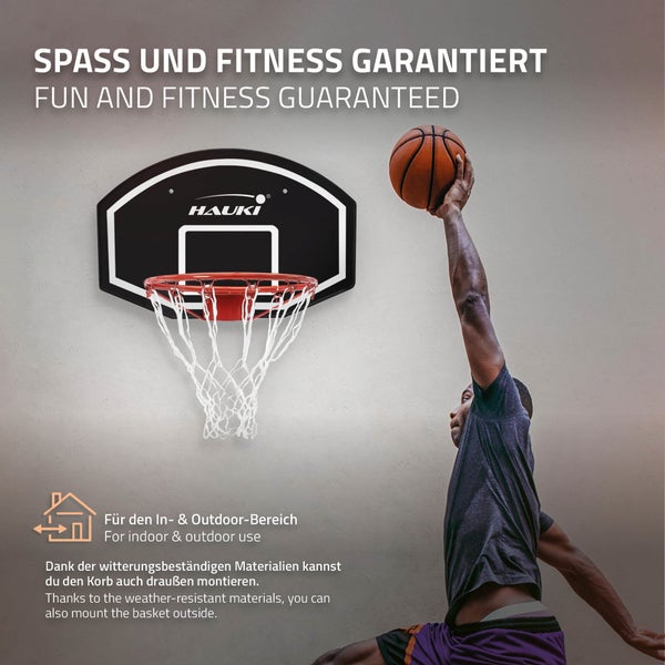 Hauki Basketballkorb-Set mit Ring Ø 41 cm und Netz, 71 x 45 cm, Schwarz, Basketball-Backboard für Wandmontage, wetterfest, In/Outdoor, Hängender Basketballbrett Basketballring, für Erwachsene & Kinder