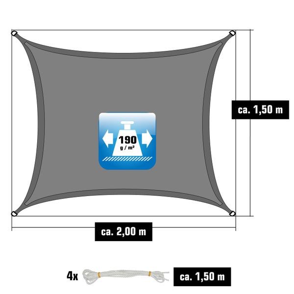 Sonnensegel rechteckig, grau, circa 2,00 mal 1,50 Meter, 190 Gramm pro Quadratmeter, inklusive 4 Seile von circa 1,50 Meter Länge.