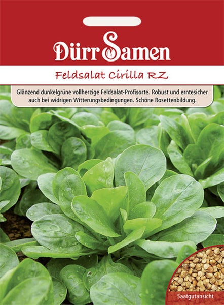 Samentüte für Feldsalat Cirilla RZ von Dürr Samen mit Abbildung von wachsendem Feldsalat und einer Detailansicht der Samen.