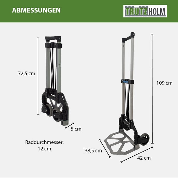 Trutzholm Klappkarre mit Abmessungen in eingeklapptem und ausgeklapptem Zustand sowie Raddurchmesser.
