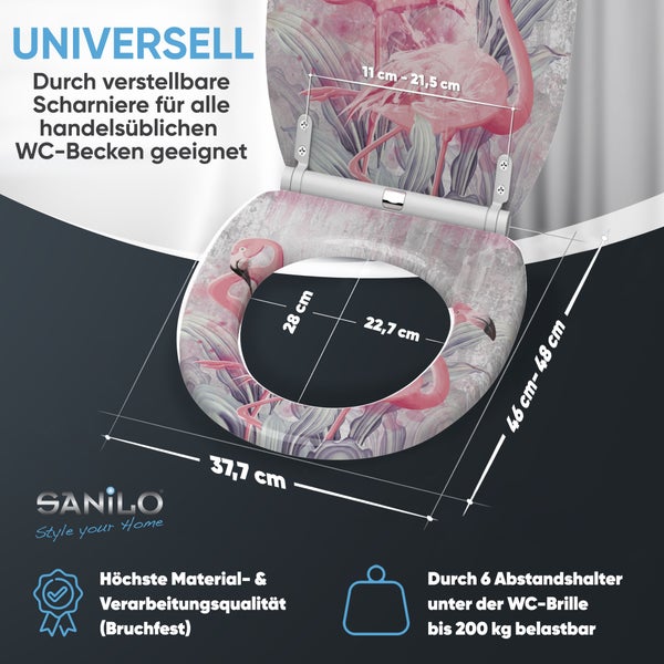 Sanilo WC-Sitz mit Flamingo-Motiv, verstellbare Scharniere, bruchfestes Material, bis 200 Kilogramm belastbar, inklusive Maßangaben.