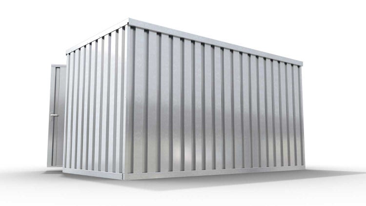 Lagercontainer Gerätehaus M  – 6 qm, H2150 x B3050 x T2170 mm, verzinkt, mit Holzfußboden, 1830 mm Doppelflügeltür mittig in Breitseite, zerlegt