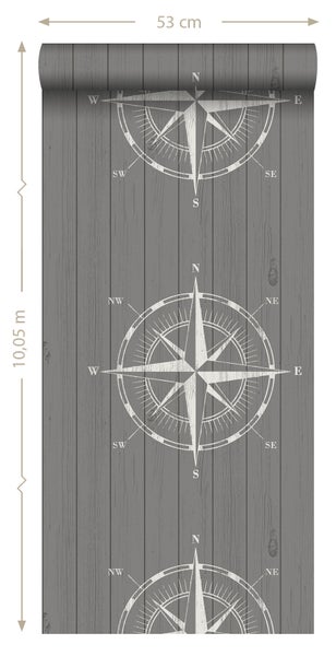Tapetenrolle mit Kompassmotiv auf Holzplankenoptik, 53 cm breit und 10,05 m lang