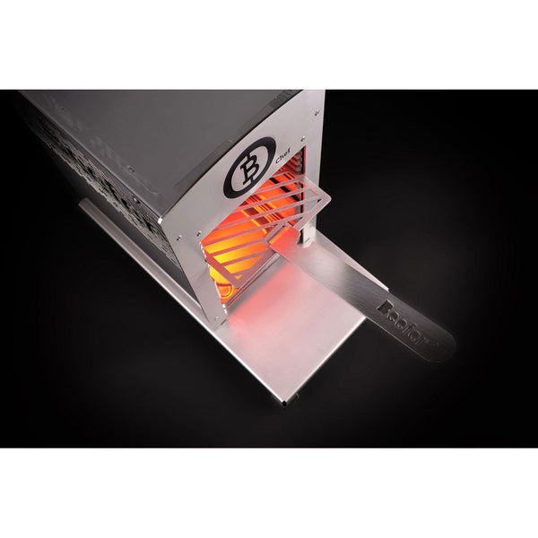 Beefer Chef Hochtemperaturgrill aus Edelstahl mit herausziehbarem Grillrost und Beefer Logo.