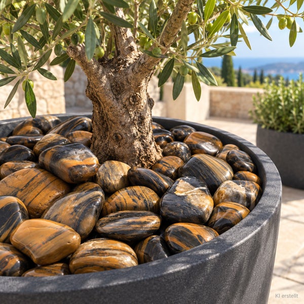 Olivenbaum in einem runden Pflanzkübel dekoriert mit polierten Ziersteinen auf einer Terrasse vor mediterraner Kulisse.