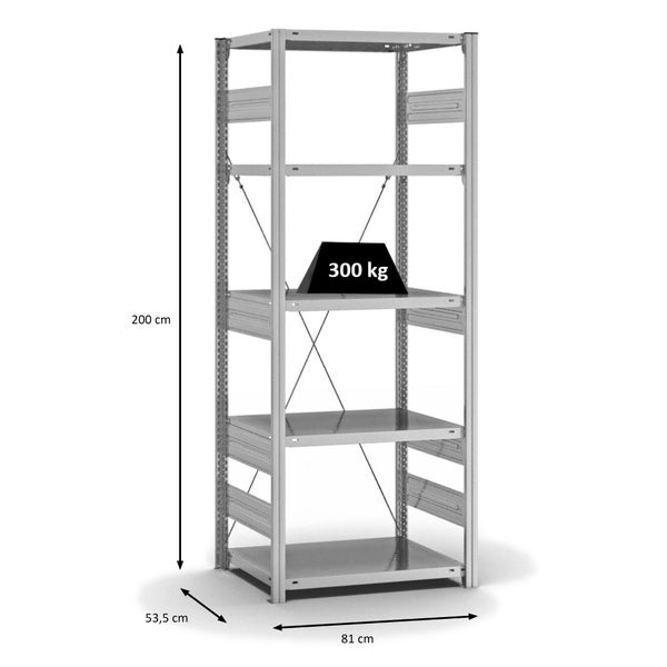 PROREGAL Fachbodenregal Stecksystem T-Profil Heavy-Duty Grundregal HxBxT 200 x 75 x 50 cm 5 Ebenen Fachlast 300 kg Einseitig Nutzbar Verzinkt