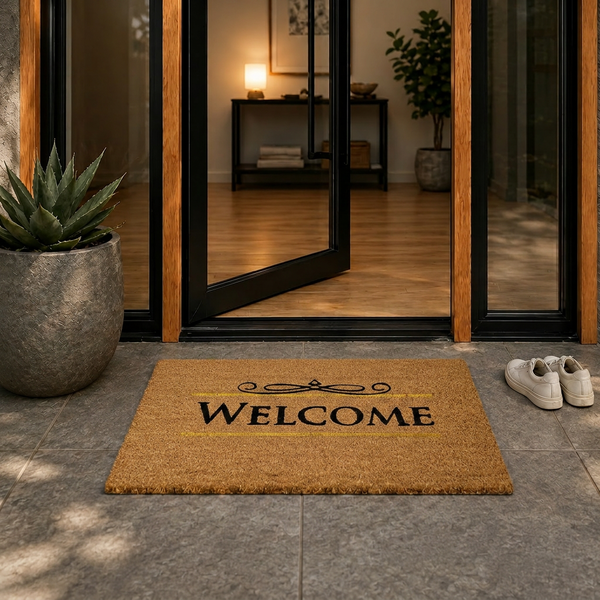 Fußmatte aus Kokosfasern mit Welcome-Schriftzug und Ornament vor einer gläsernen Eingangstür auf einem Fliesenboden.