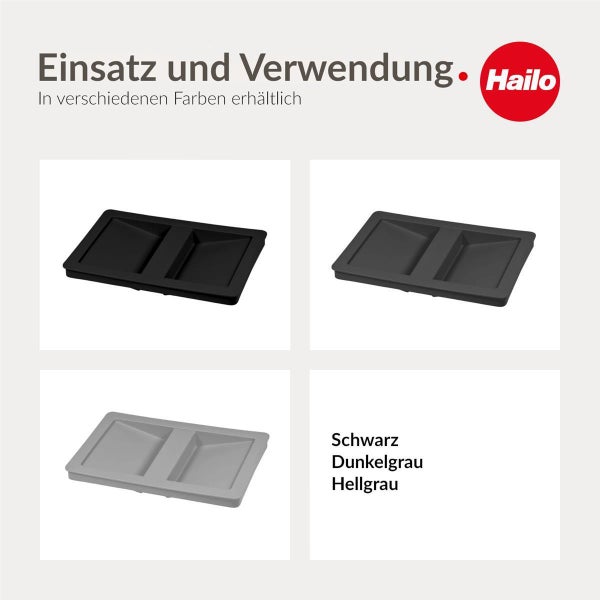 Hailo Einsätze für Abfallsysteme in den Farben Schwarz, Dunkelgrau und Hellgrau. Hailo Logo.