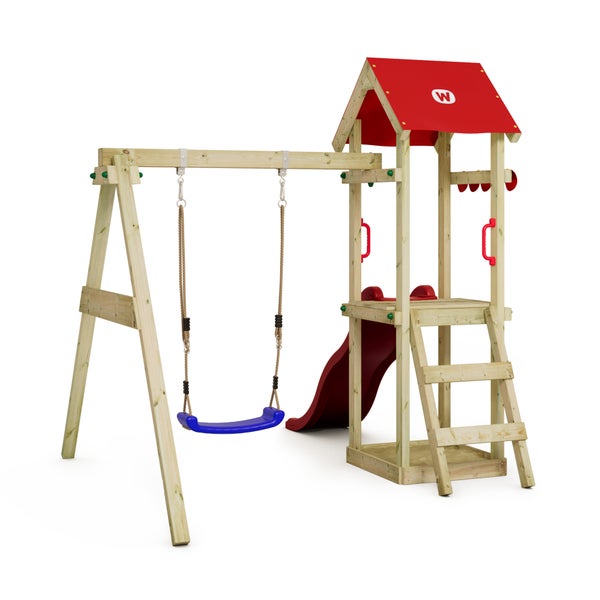WICKEY Spielturm Klettergerüst TinyWave mit Schaukel und Rutsche, Kletterturm mit Sandkasten, Leiter und Spiel-Zubehör - rot