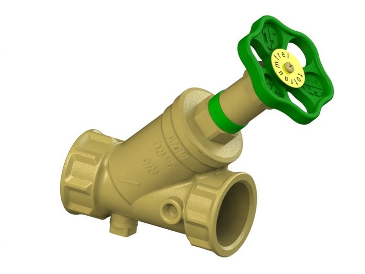 Totraumfreies KFR-Schrägsitzventil aus Messing mit grünem Handrad für die Trinkwasserinstallation.