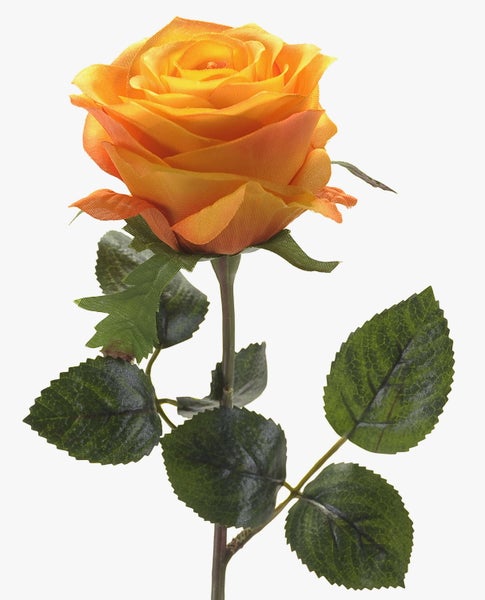 Künstliche rote Blume mit grünen Stielen und Knospen.