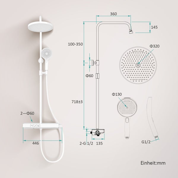 Maßzeichnung eines Duschsystems mit Kopfbrause, Handbrause und Thermostat in Millimetern. Durchmesser Kopfbrause 320 Millimeter.