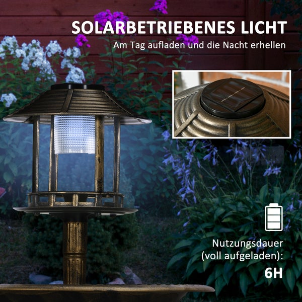Outsunny Vogeltränke Stehend, Vogelbad aus Kunststoff mit Solarleuchte, Vogelfutterspender, Vogelbecken mit Blumensockel, Wildvogeltränke für Garten, Balkon, 110 cm Höhe, Bronze