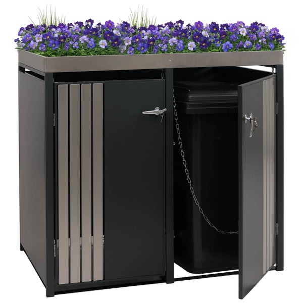 Mülltonnenbox mit Pflanzschale und zwei Türen, eine davon geöffnet, mit einem Müllbehälter im Inneren.