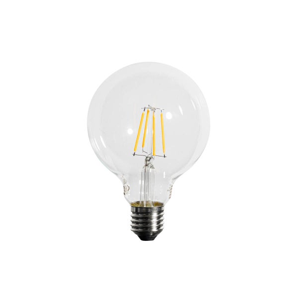 LED-Filament-Leuchtmittel in Globe-Form aus Klarglas mit E27-Sockel.