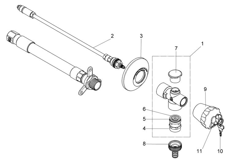 Technische Zeichnung einer frostsicheren Außenarmatur mit nummerierten Einzelteilen wie Wandrohr, Ventil und abschließbarem Griff.