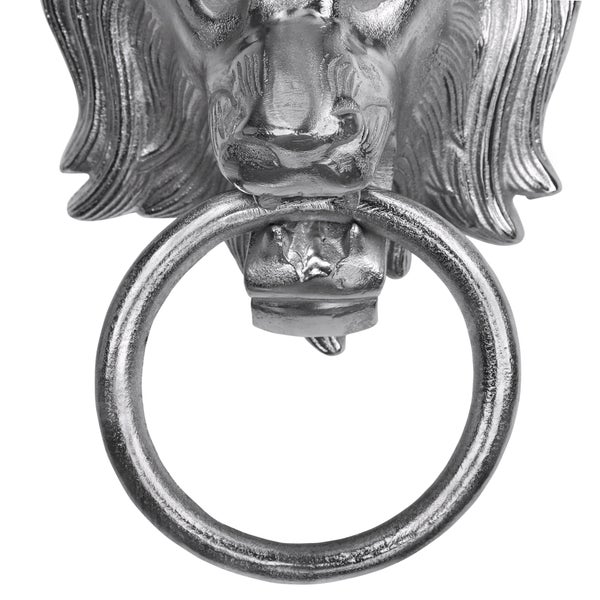 WOMO-DESIGN Handtuchhalter Löwenkopf mit Ring, aus Aluminium vernickelt, Unikat, Silber, (BxH): 10x31 cm, Designer Löwenkopf, Handtuchring Türklopfer Löwe Lion Wandfigur WC Bad Dekoration Accessoire