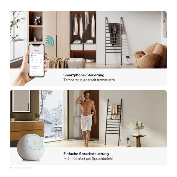 Smart Handtuchheizkörper mit App und Sprachsteuerung in einem modernen Wohnraum und Badezimmer Szenario