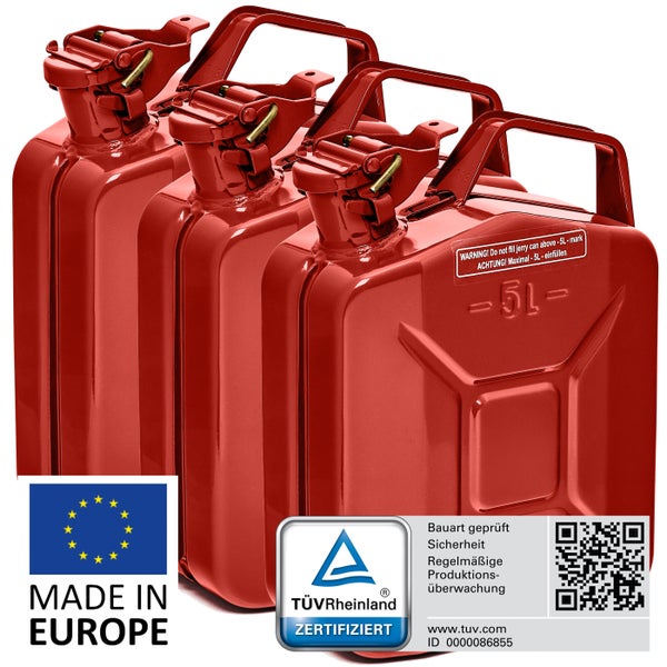 BW® Kraftstoffkanister Metall Benzinkanister 3x 5 Liter - Rot - RAL 3000 - TÜV-geprüft und UN-Zulassung - Made in Europe