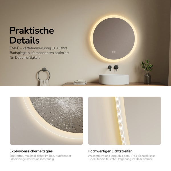 Moderner runder EMKE LED-Badspiegel mit splitterfreiem Sicherheitsglas und wasserfestem Lichtstreifen der Schutzklasse IP44.