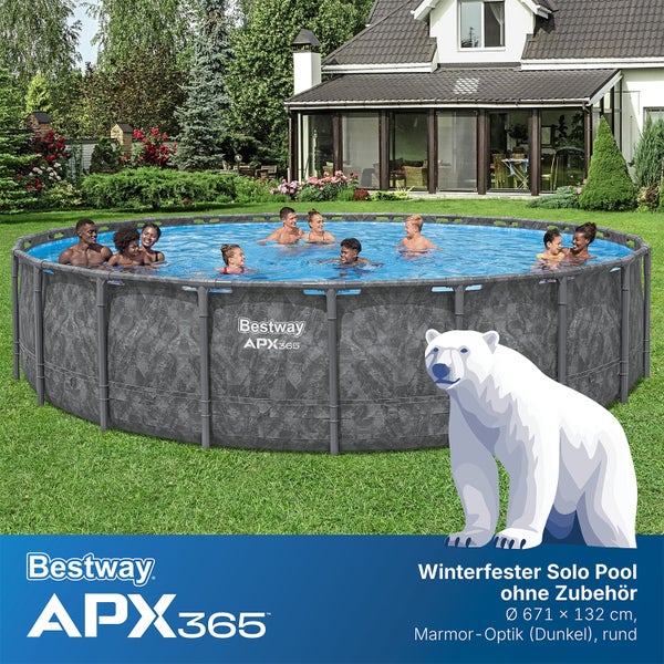 Bestway Logo, runder APX365 Pool, dunkle Marmor-Optik, Durchmesser 671 Zentimeter, Höhe 132 Zentimeter, winterfest, Personen im hellen Garten.