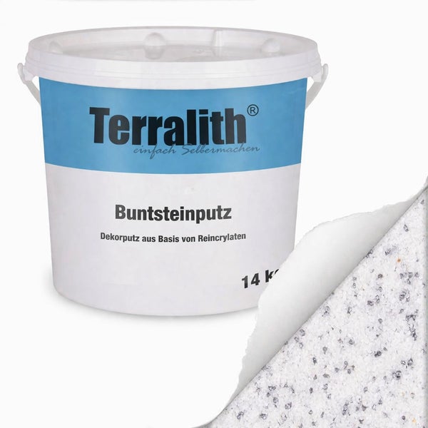 Terralith Buntsteinputz 14 Kilogramm, Dekorputz auf Reinacrylatbasis, mit einer Darstellung der Oberflächenstruktur.