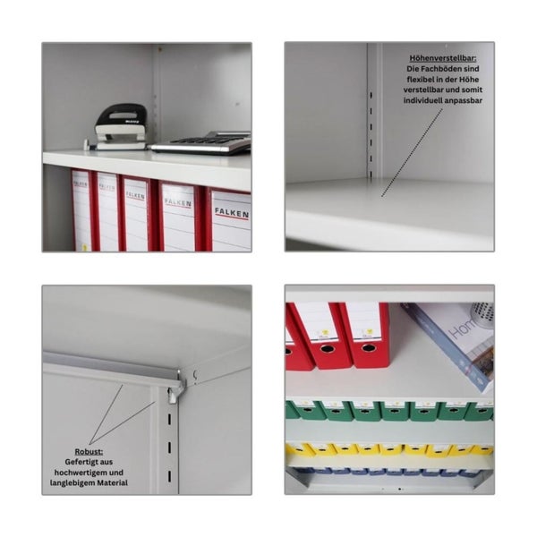 Detailansichten eines Aktenschranks mit verstellbaren Fachböden und robustem Material