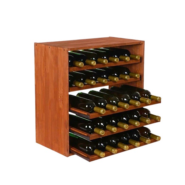 Weinregal aus braunem Holz mit mehreren Ebenen, gefüllt mit Weinflaschen für die liegende Lagerung.