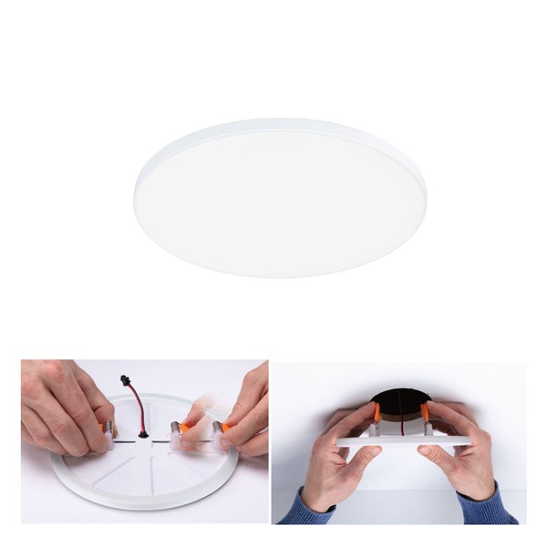Rundes LED-Einbaupanel inklusive Montageanleitung: Befestigen der Haltefedern und Einsetzen in den Deckenausschnitt.