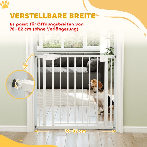 Verstellbares Hundeschutzgitter aus Metall für Türöffnungen von 76 bis 82 Zentimeter Breite.