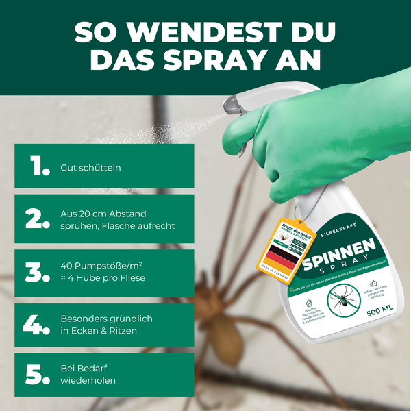 Anleitung zur Anwendung von Spinnenspray mit Sprühflasche der Marke Silberkraft