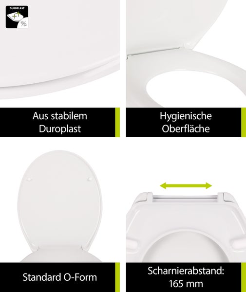 aquaSu® WC-Sitz Siena, Weiß, antibakterieller Duroplast Toilettensitz, Edelstahl-Scharniere, Schnellbefestigung Fast-Fix, Toilettendeckel, universale O Form, Klodeckel & Klobrille Weiß 215022