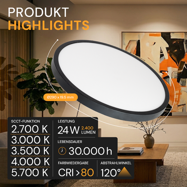 Runde LED-Deckenleuchte mit 290 Millimeter Durchmesser, 24 Watt, 2400 Lumen, fünf Farbtemperaturen und 30000 Stunden Lebensdauer.