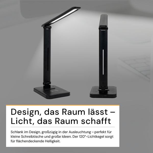 Schwarze LED-Tischleuchte in zwei Perspektiven