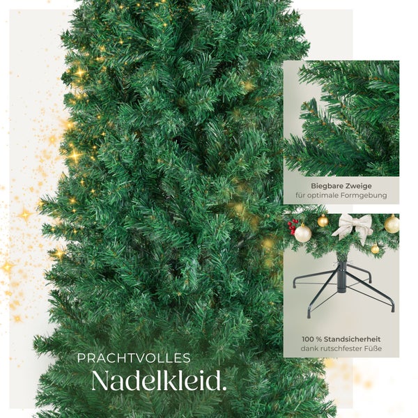 Künstlicher Weihnachtsbaum mit biegsamen Zweigen und stabilem Metallständer für hohe Standsicherheit.