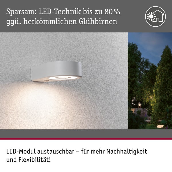 LED-Außenwandleuchte mit austauschbarem LED-Modul, energiesparend bis zu 80 Prozent, montiert an einer strukturierten Außenwand.