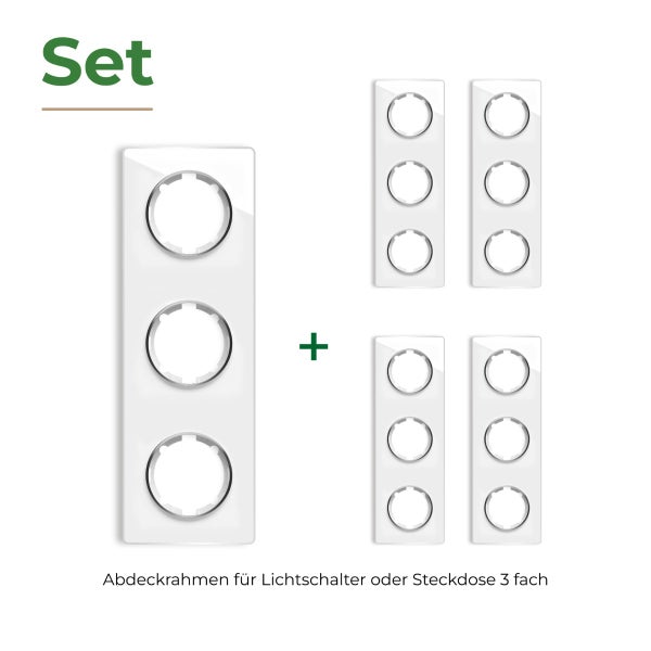 Set aus fünf dreifachen Abdeckrahmen für Lichtschalter oder Steckdosen für die Unterputzmontage.