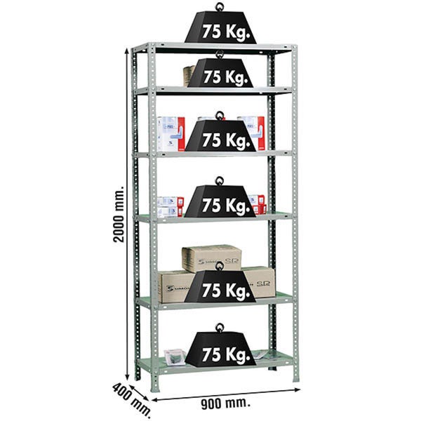 Metallregal mit 6 Böden, Tragkraft 75 Kilogramm pro Boden. Maße: Höhe 2000 Millimeter, Breite 900 Millimeter, Tiefe 400 Millimeter.
