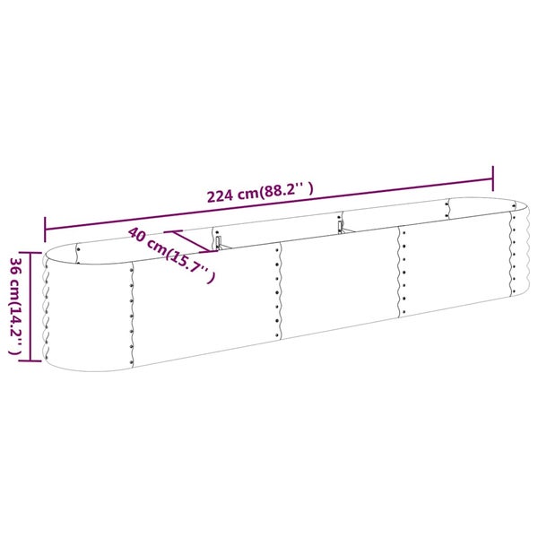 Strichzeichnung eines Hochbeets mit Maßen 224 Zentimeter mal 40 Zentimeter mal 36 Zentimeter