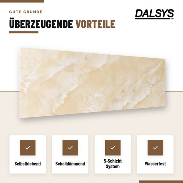 Dalsys Wandpaneel in Steinoptik mit Informationen zu den Vorteilen wie selbstklebend, schalldämmend, Fünfschichtsystem und wasserfest.