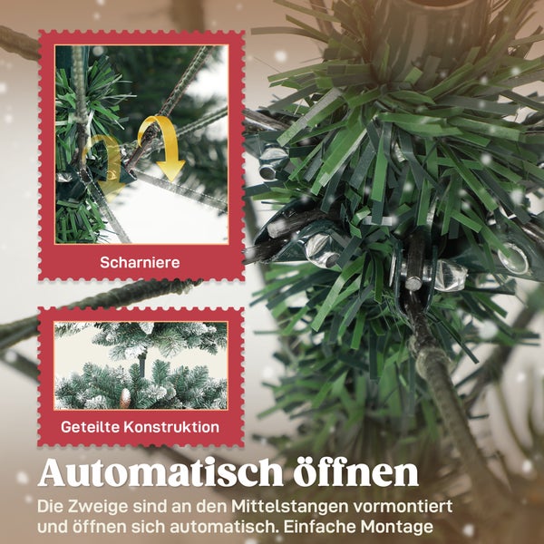 Detailansicht eines künstlichen Weihnachtsbaums mit Scharnierfunktion der Zweige und geteilter Konstruktion für automatisches Öffnen.