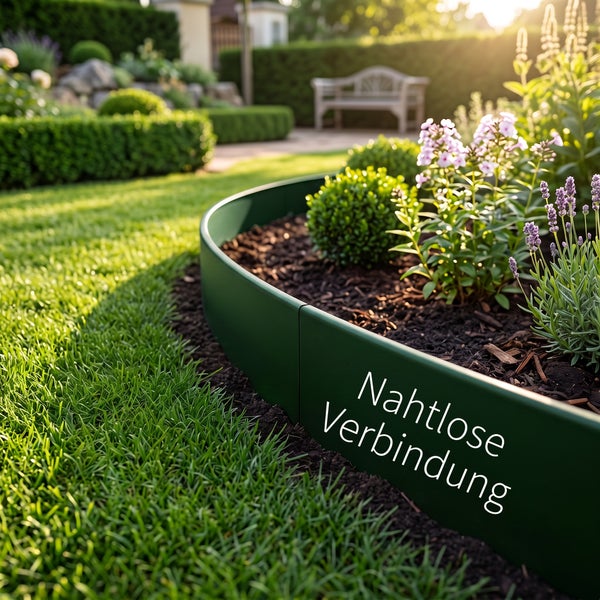 Eine Rasenkante aus Metall trennt ein Blumenbeet vom Rasen in einem gepflegten Garten bei Sonnenuntergang.