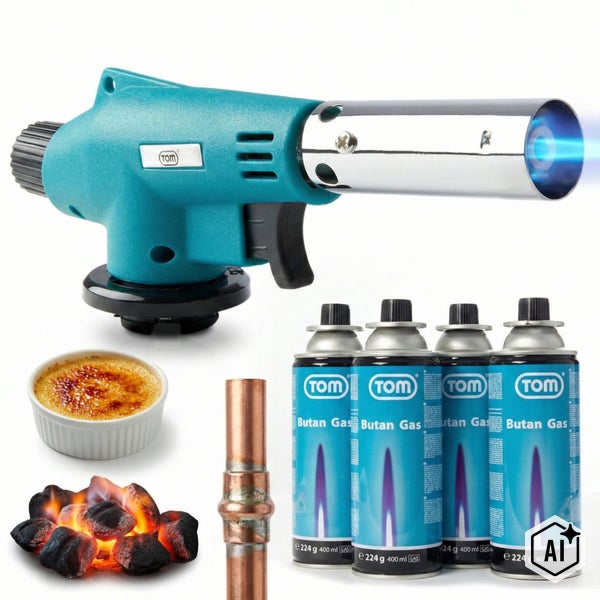 Gaslötbrenner von Tom mit vier Butangas Kartuschen, geeignet zum Flambieren, Löten und Grillanzünden.