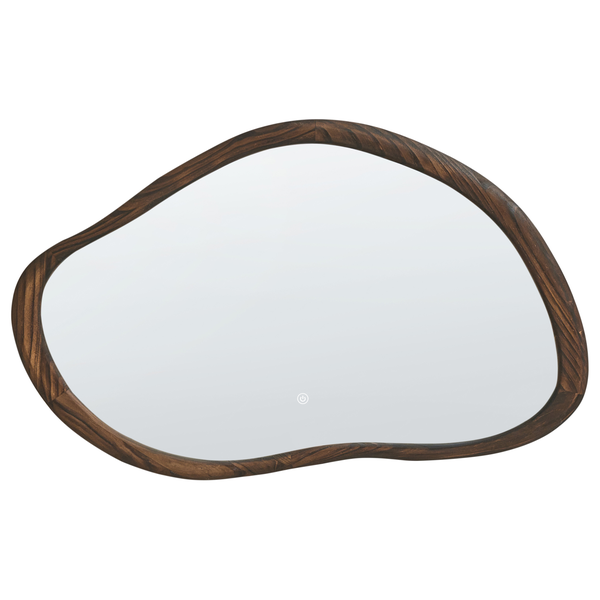 Wandspiegel in organischer Form mit dunklem Holzrahmen und integriertem Touch-Sensor.