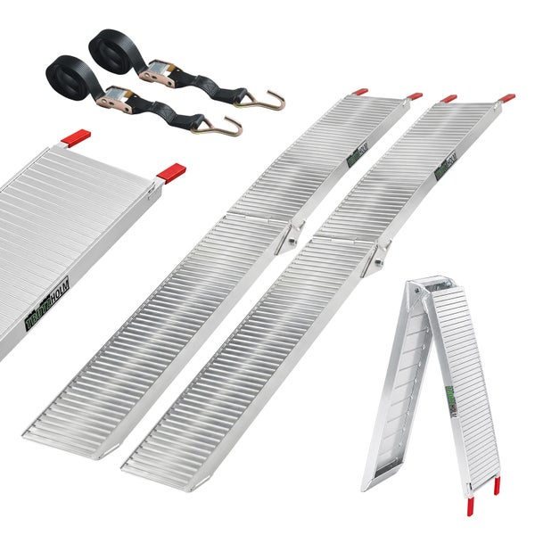 Trutzholm Auffahrrampen-Set aus Aluminium, zwei Stück, klappbar, inklusive zwei Spanngurten mit Haken für sicheres Verladen.