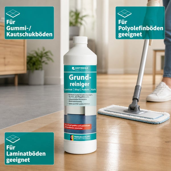 Hotrega Grundreiniger für Laminat, Vinyl, Parkett und Kork in einer Flasche, im Hintergrund eine Person bei der Bodenreinigung mit einem Wischmop.