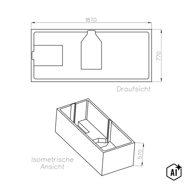 Maßzeichnung einer Badewanne mit Ansicht von oben und isometrischer Darstellung, Abmessungen 1870 mal 770 mal 570 Millimeter.