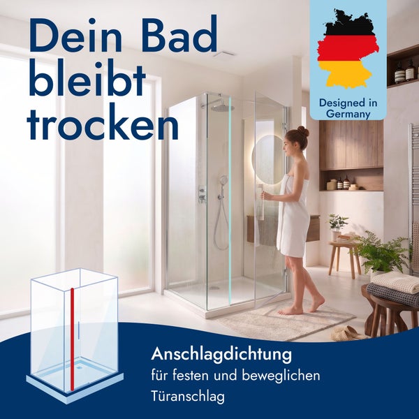 Helles Badezimmer mit einer modernen Glas-Duschkabine. Eine Frau öffnet die Glastür. Inklusive Anschlagdichtung und Hinweis Designed in Germany.